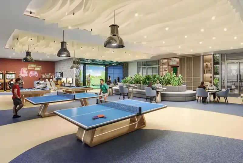 Indoor games zone with table tennis and simulator